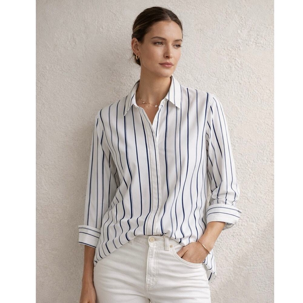 Lafayette 148 Stripe Button Down Shirt White Blue Longline Size L - Picture 2 of 13